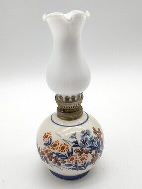Vintage Ceramic Miniature Hurricane Oil Lamp With Floral Pattern